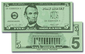 5-$5 Dollar Bills Play Casino Poker Money Lincoln Funny Play Money Note T1