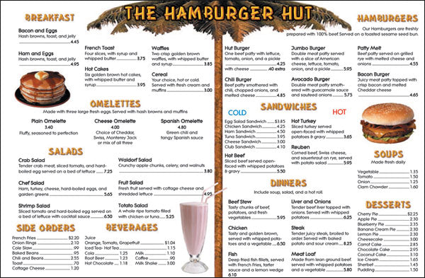 Hamburger Hut Set of 6 Menus